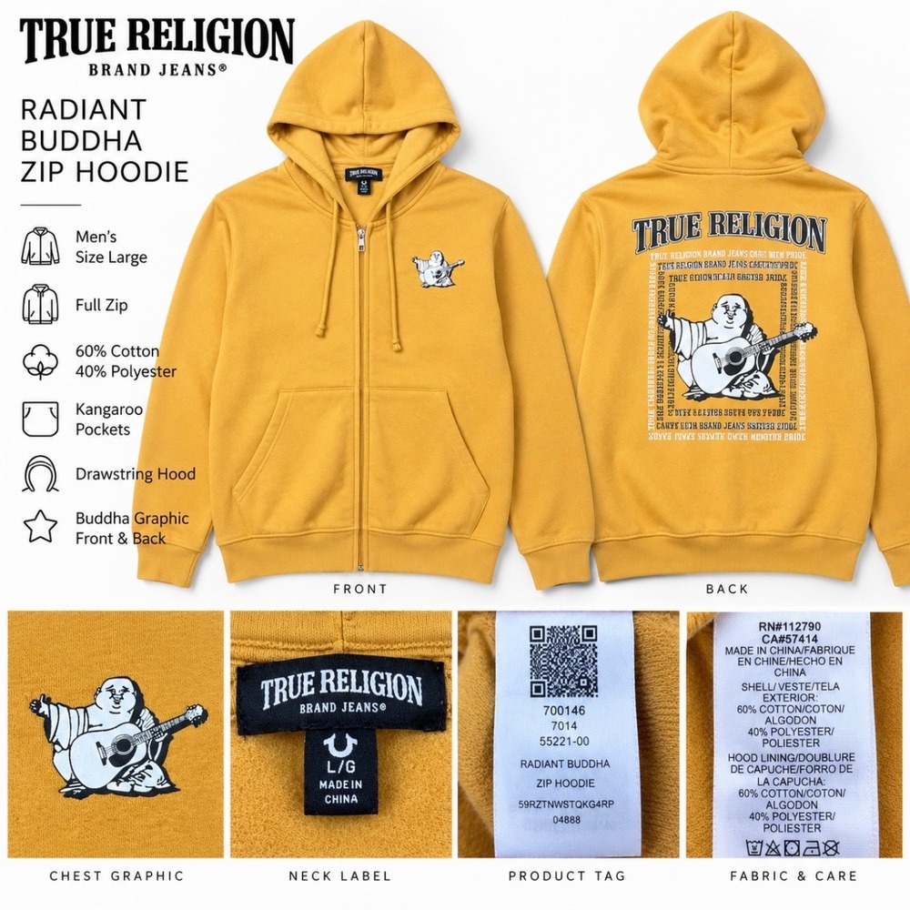 True Religion Radiant Buddha Zip Hoodie Mens L Mustard Yellow Graphic Streetwear